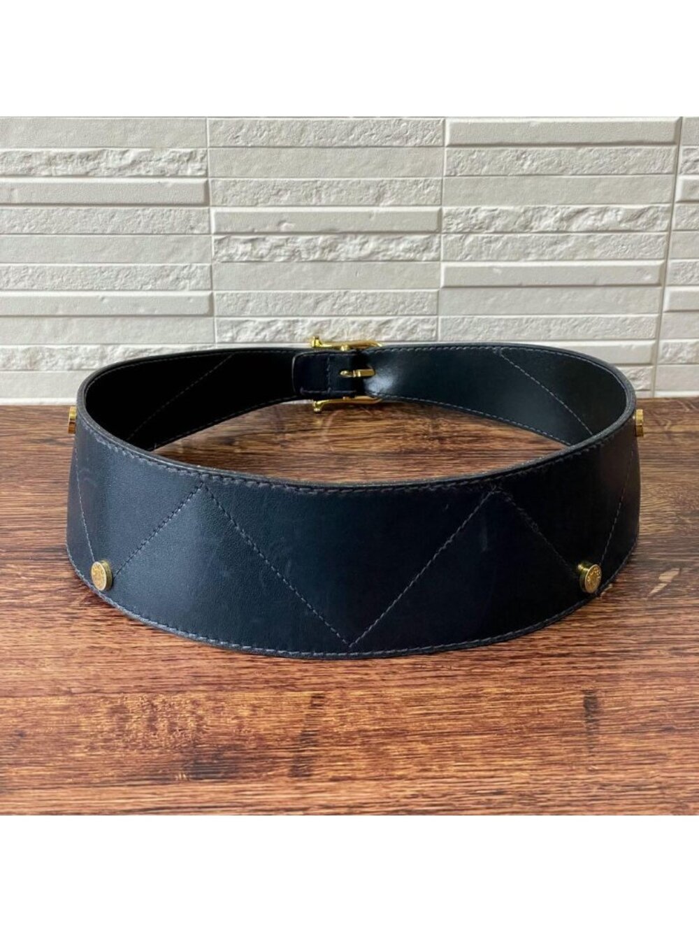 Gucci GG Leather Belt Gold Buckle Navy Hysteria - Picture 5 of 10